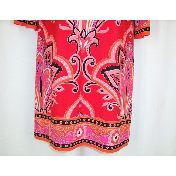 London Times Red Orange Retro Shift Dress 10 Knit Stretch Colorful Paisley Print - Picture 3 of 8